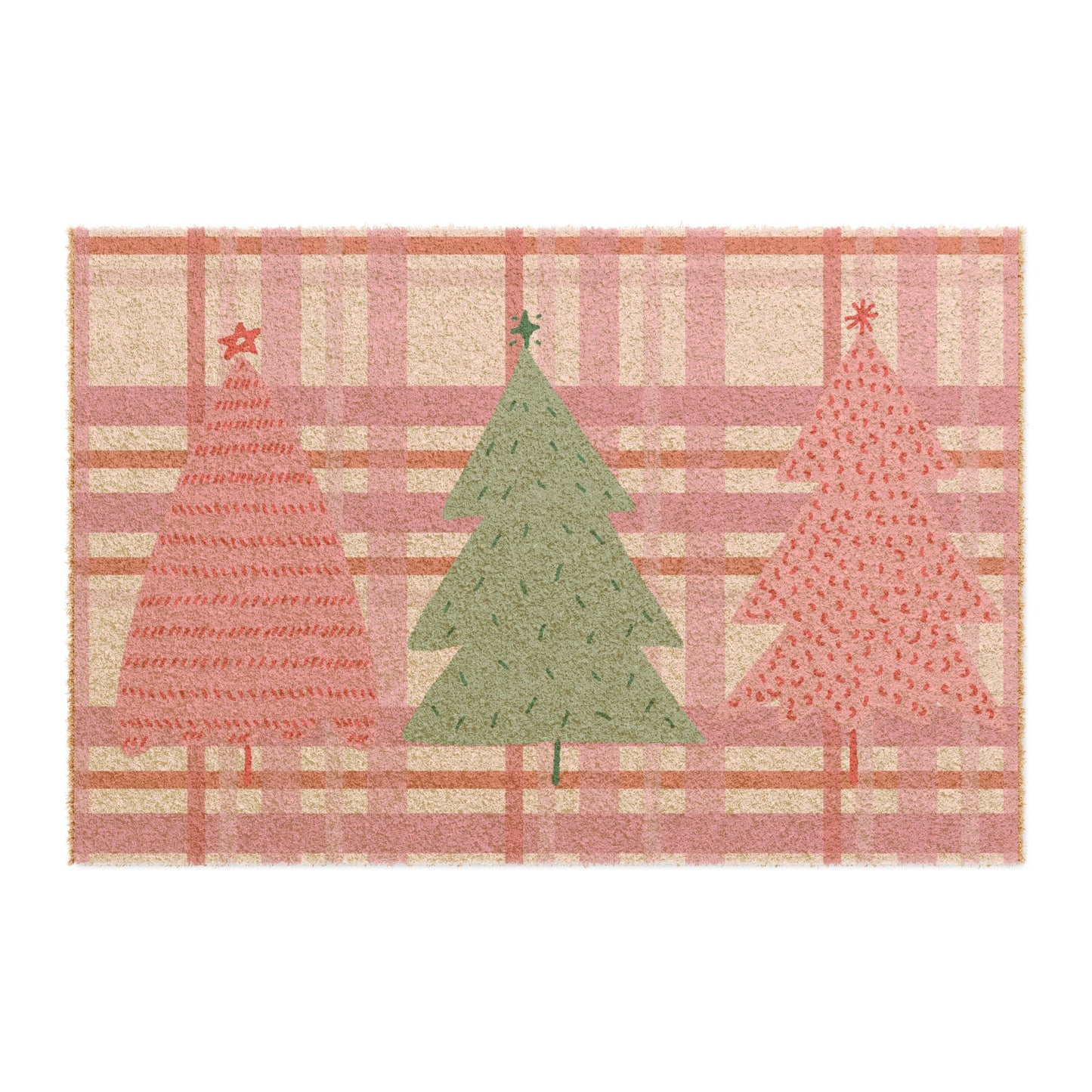 Pink Plaid Christmas Trees Holiday Doormat