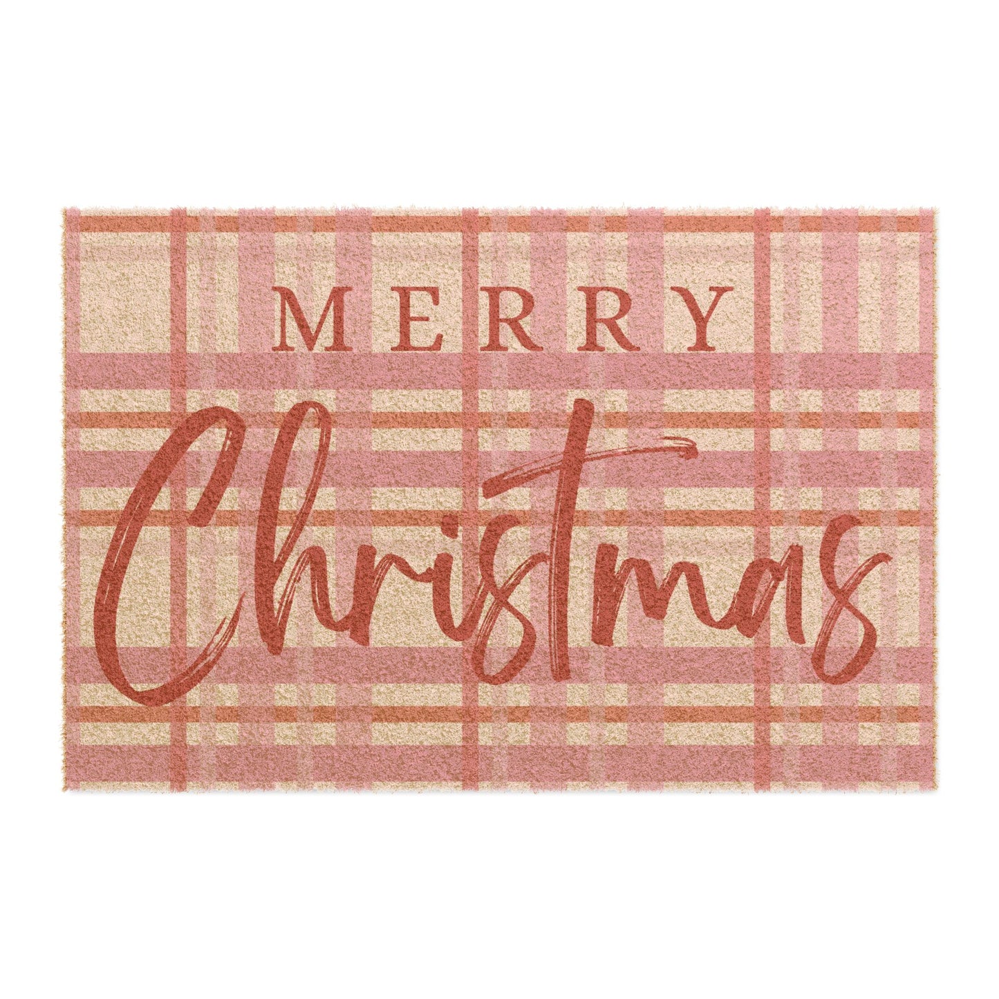 Pink Plaid Merry Christmas Holiday Doormat