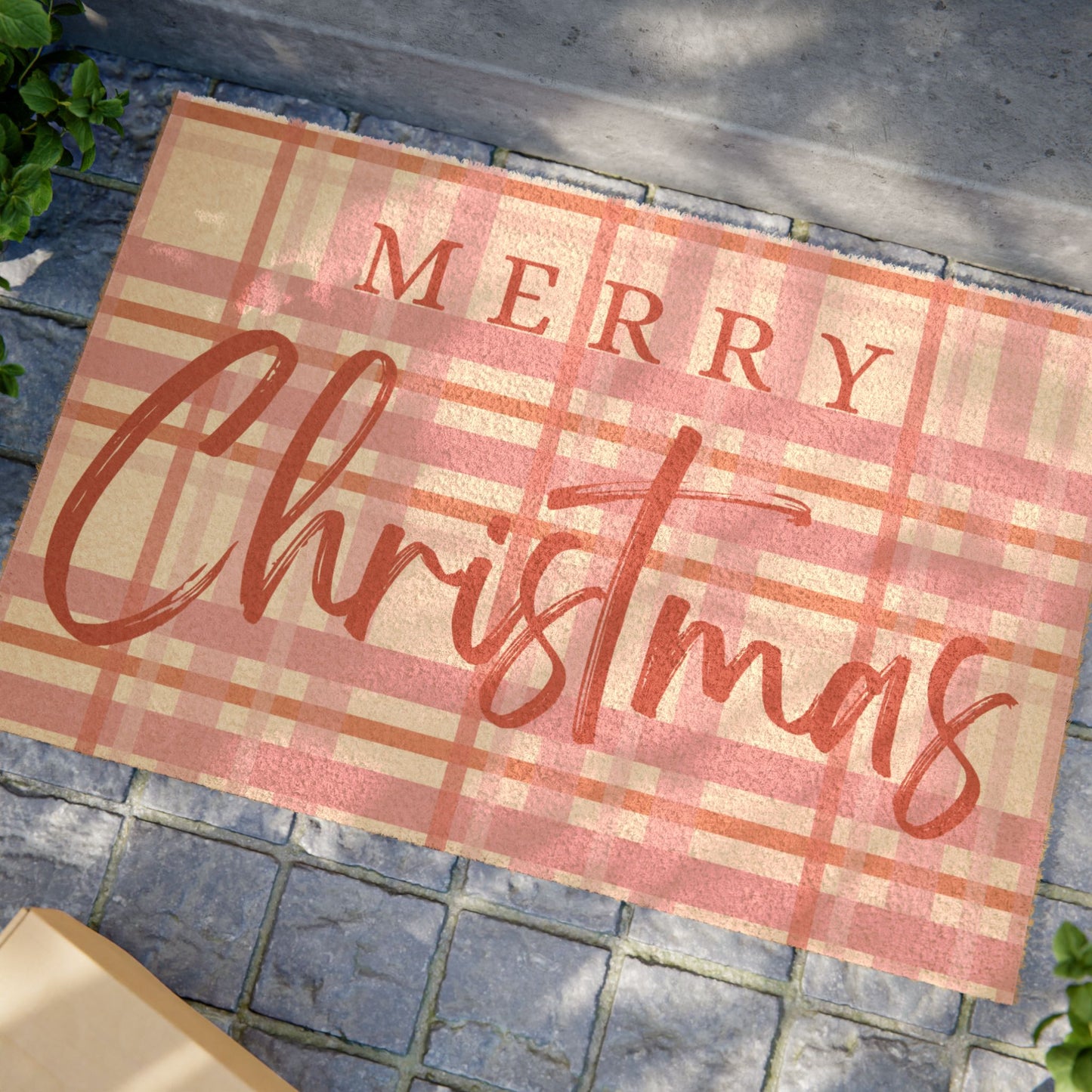 Pink Plaid Merry Christmas Holiday Doormat