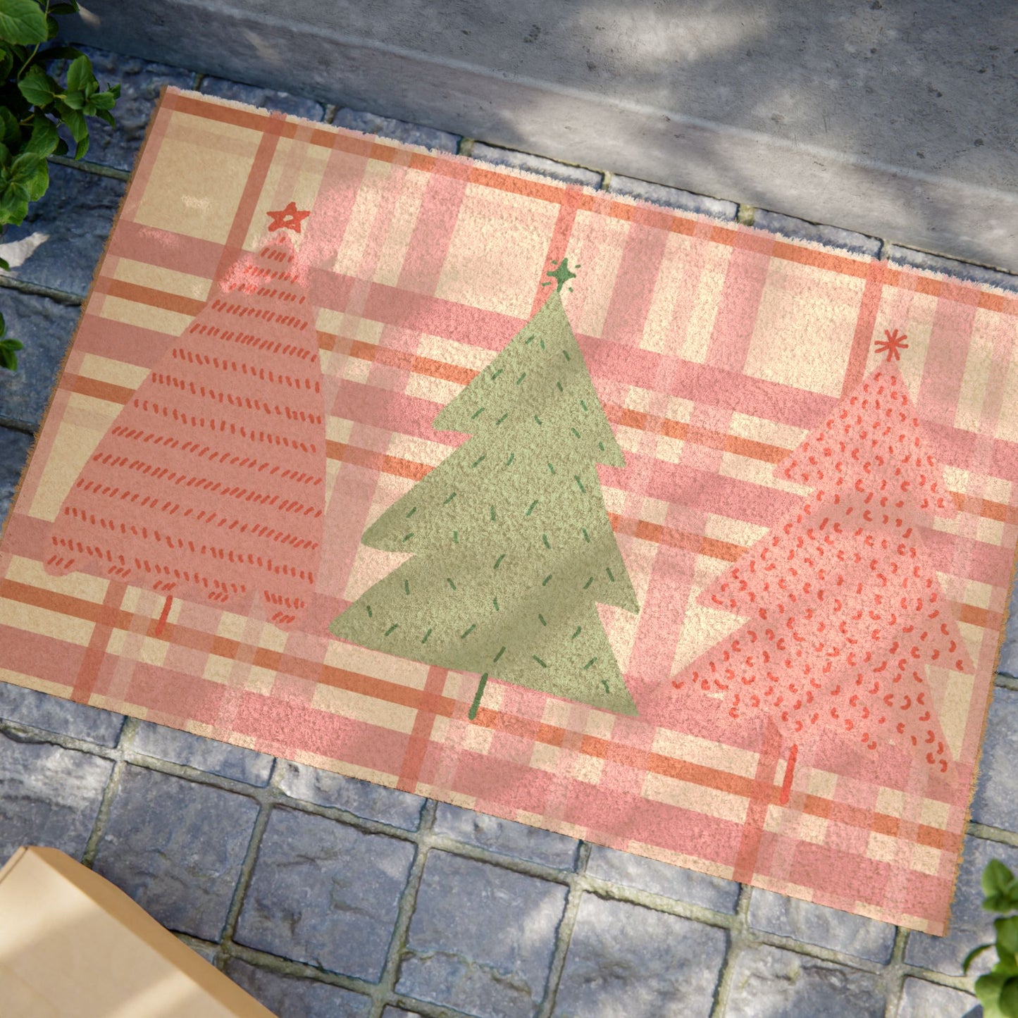 Pink Plaid Christmas Trees Holiday Doormat